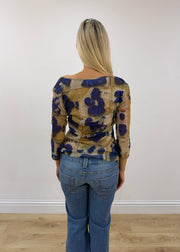 small/medium blue patterned mesh long sleeve top back