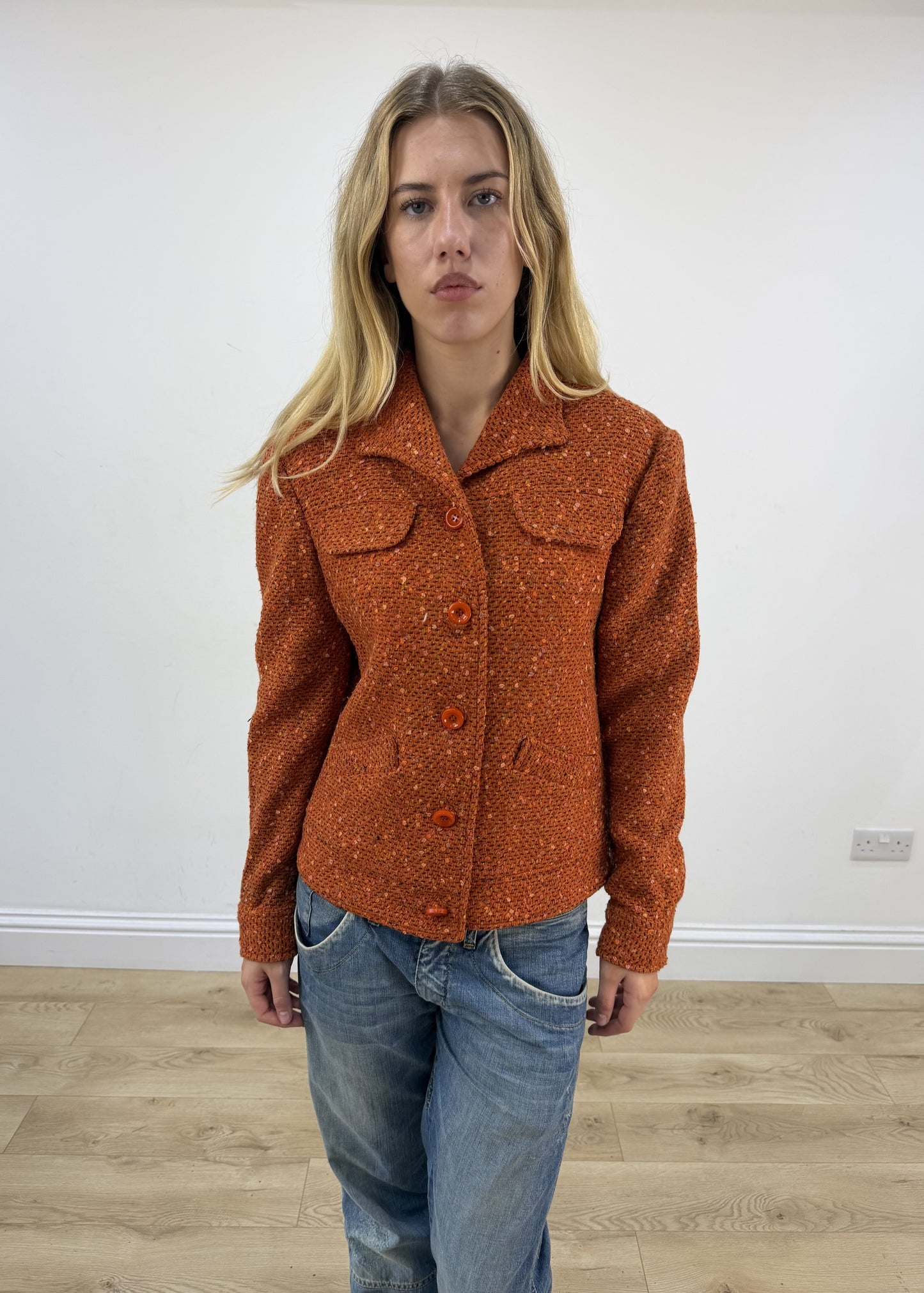 small orange borgofiori tweed jacket close front