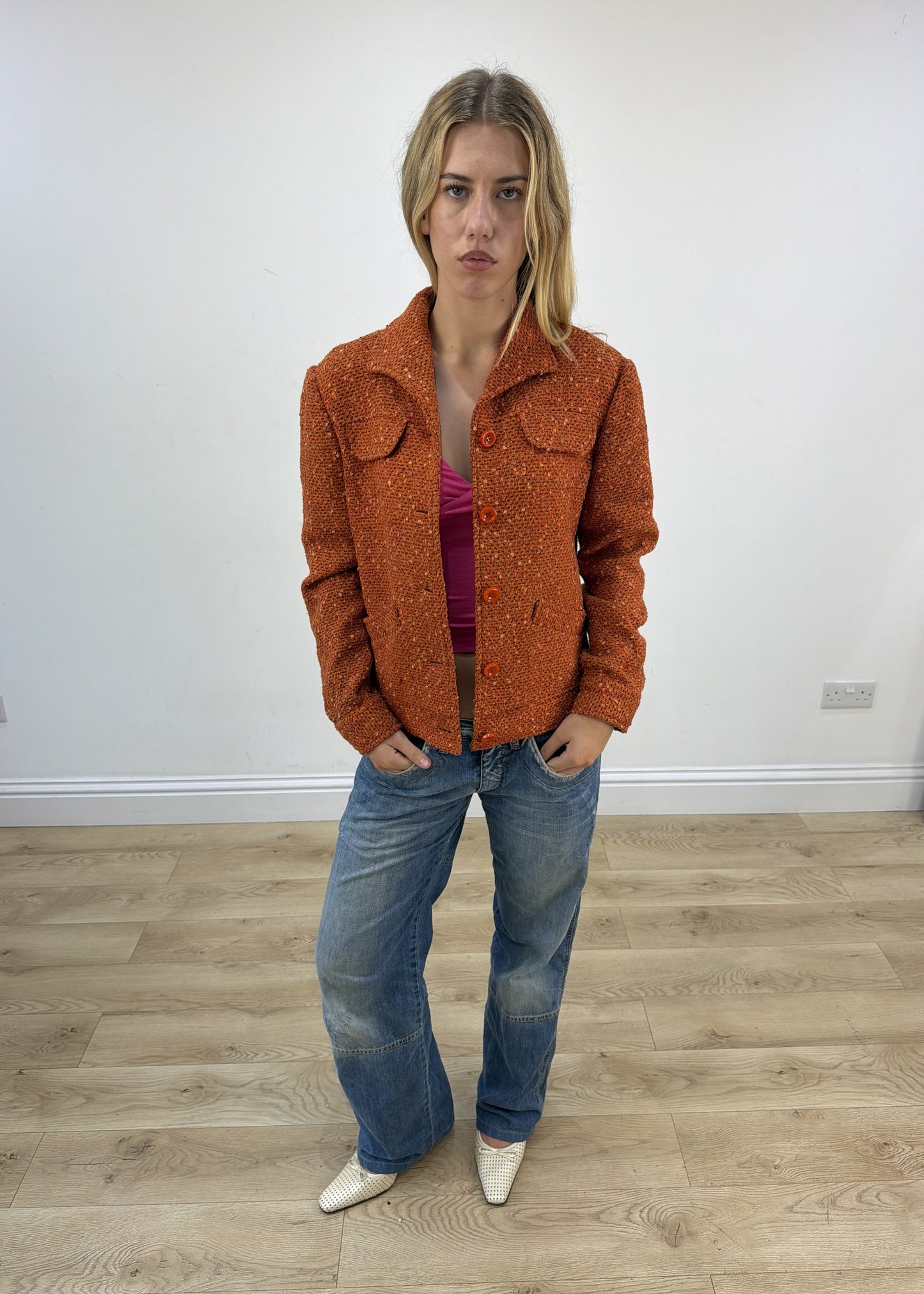 small orange borgofiori tweed jacket open front