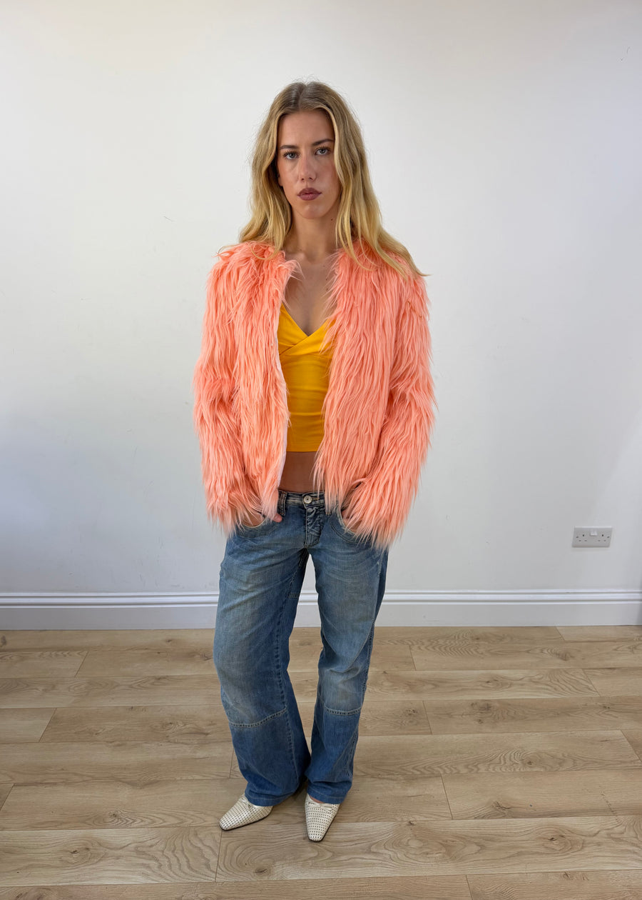 small peach pink faux fur coat