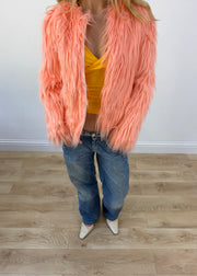 small peach pink faux fur coat
