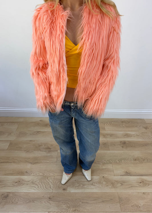 small peach pink faux fur coat