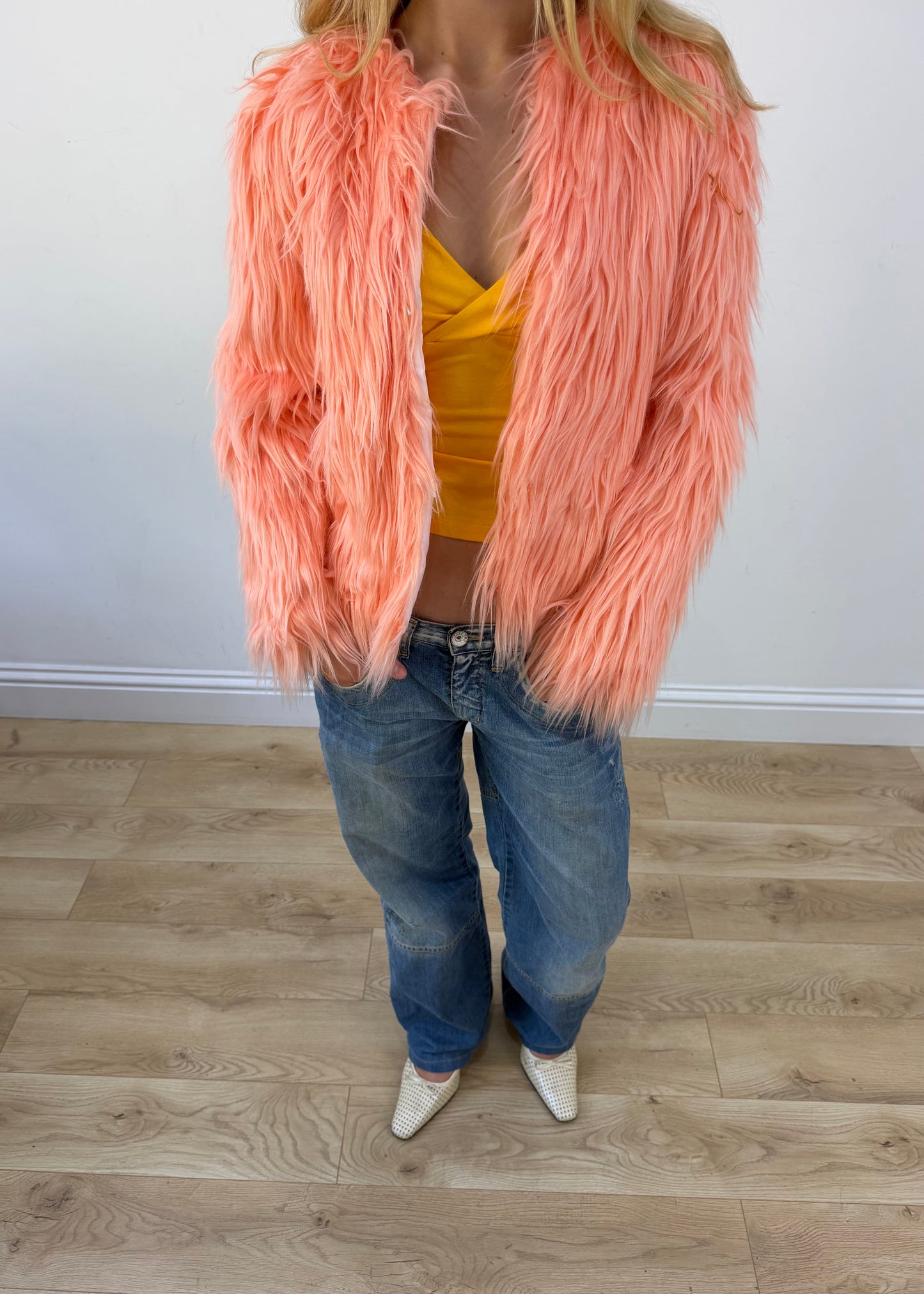 small peach pink faux fur coat