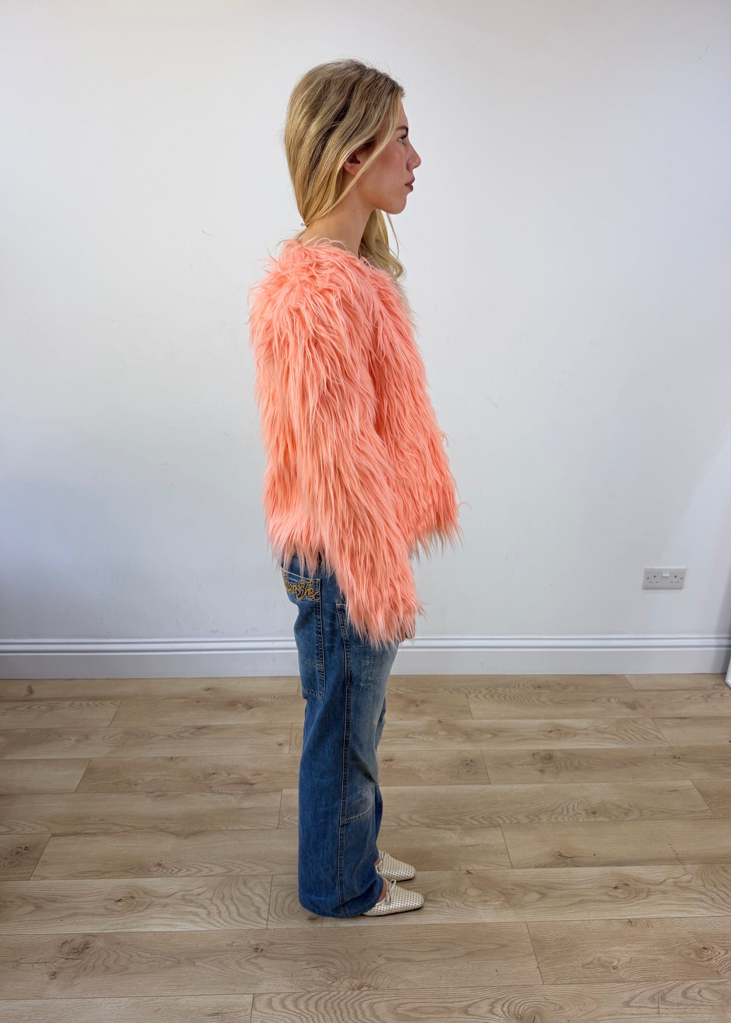 small peach pink faux fur coat