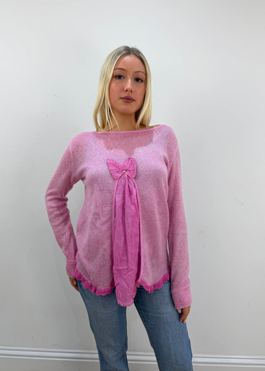 small pink sheer knit jumper close front view