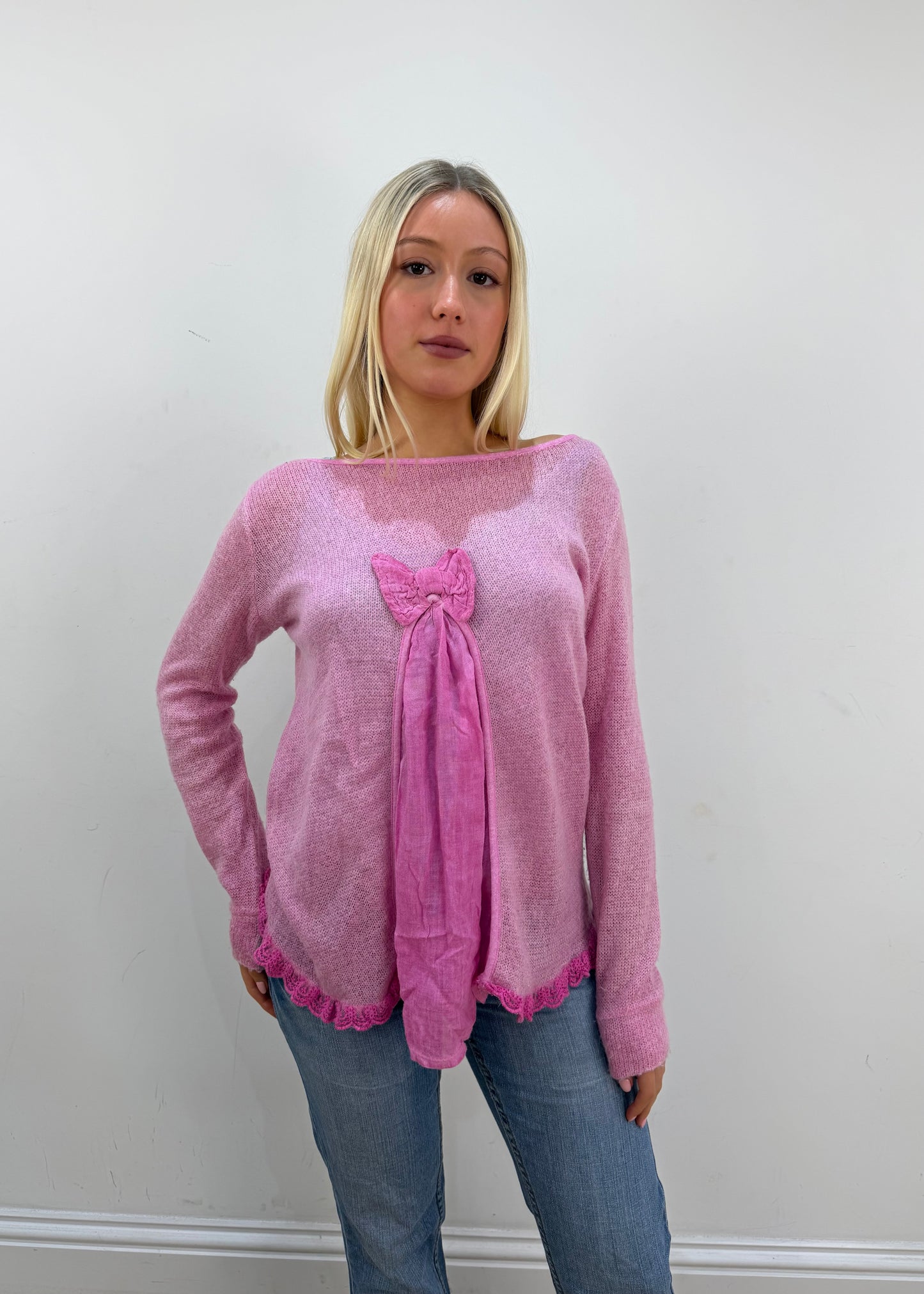 small pink sheer knit jumper close front view