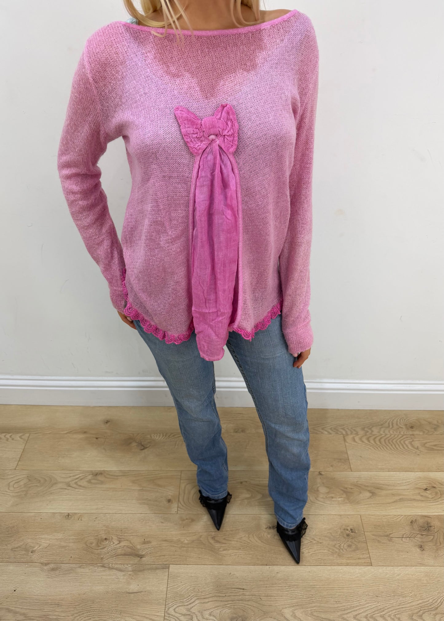 small pink sheer knit jumper full front view