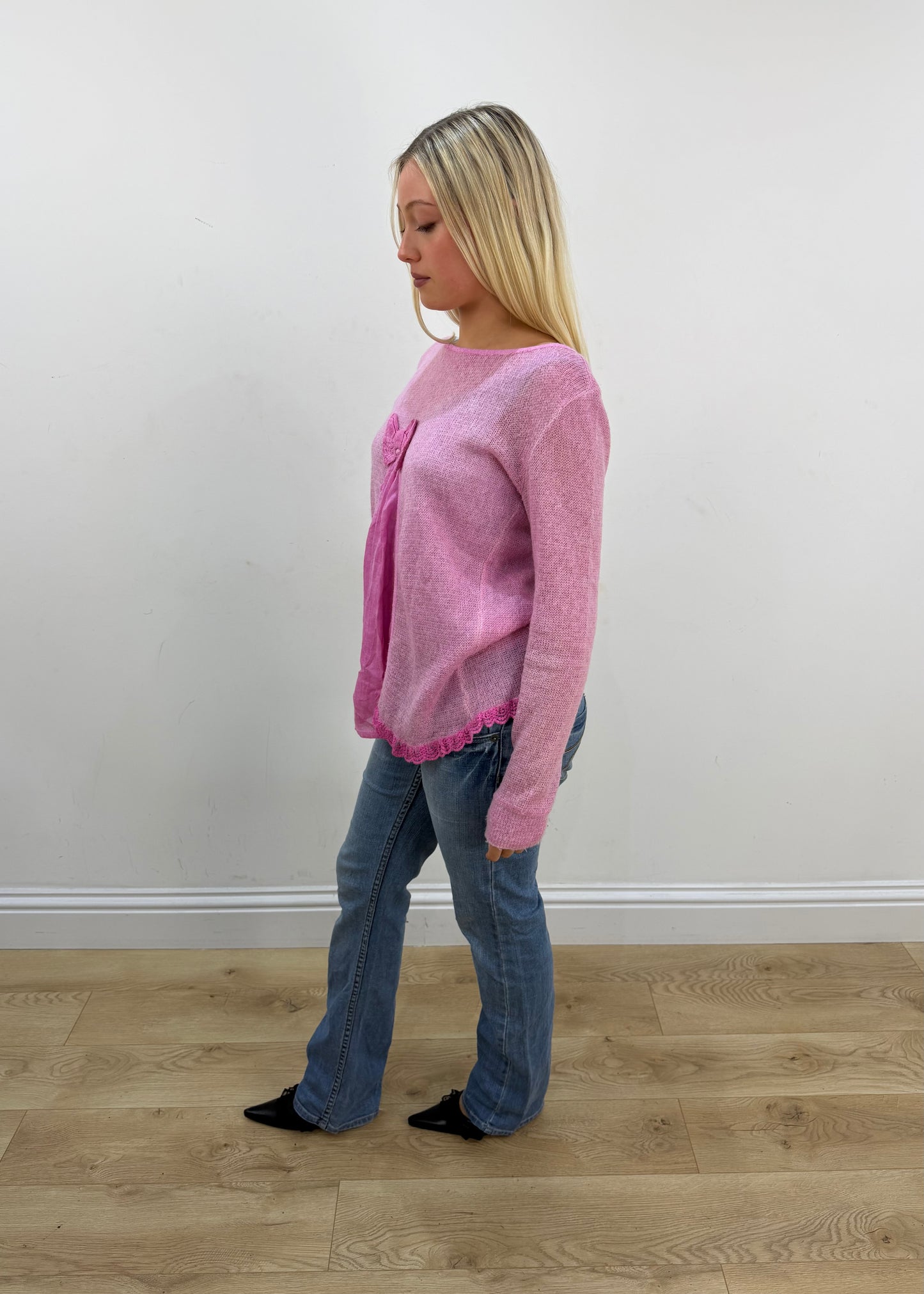 small pink sheer knit jumper side view