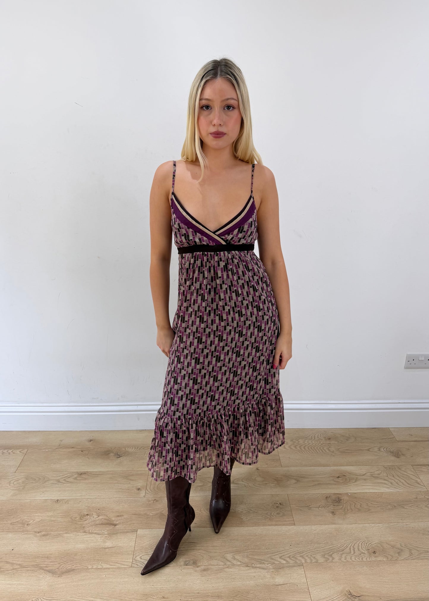 small purple and brown yessica midi dress front