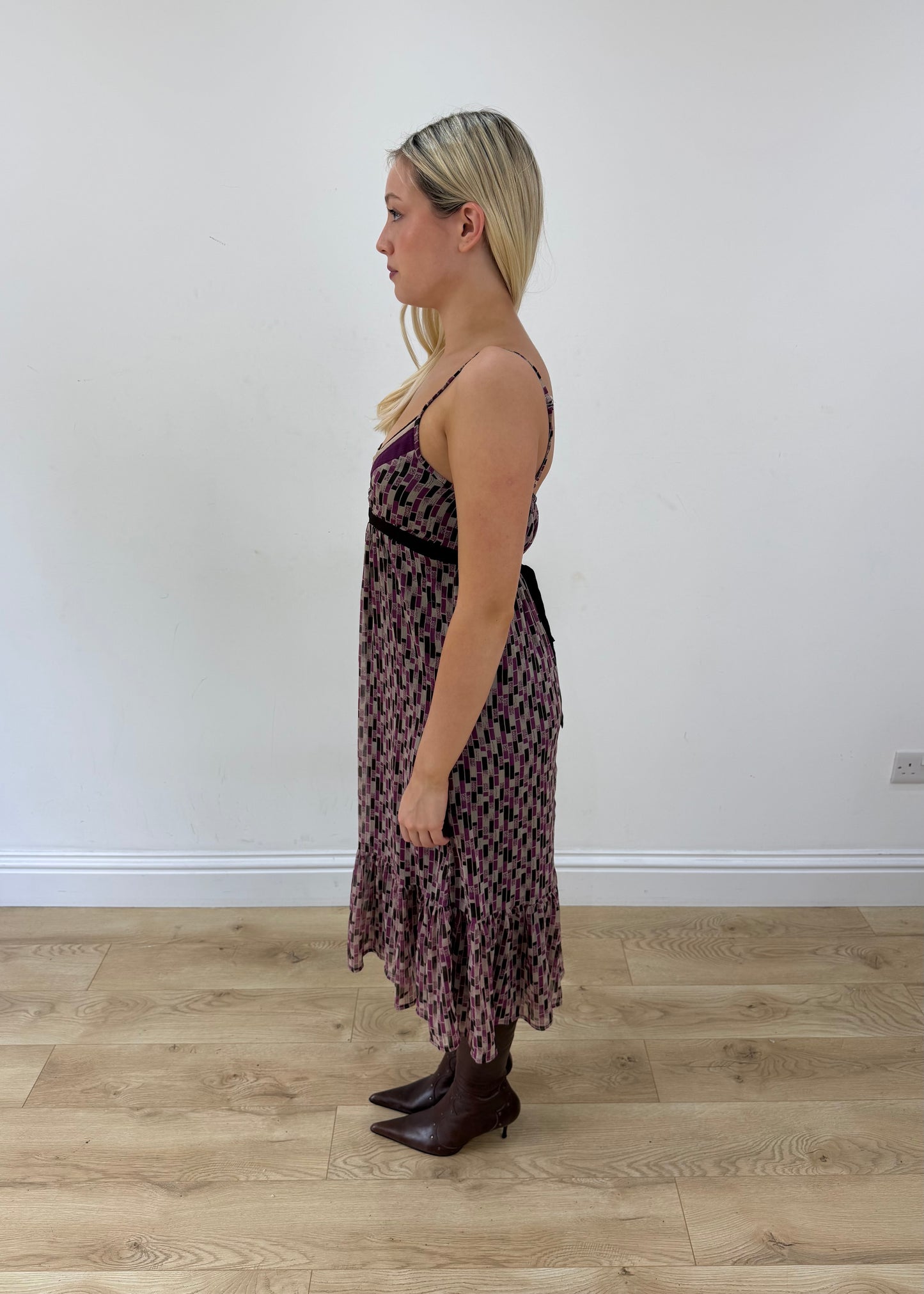 small purple and brown yessica midi dress side
