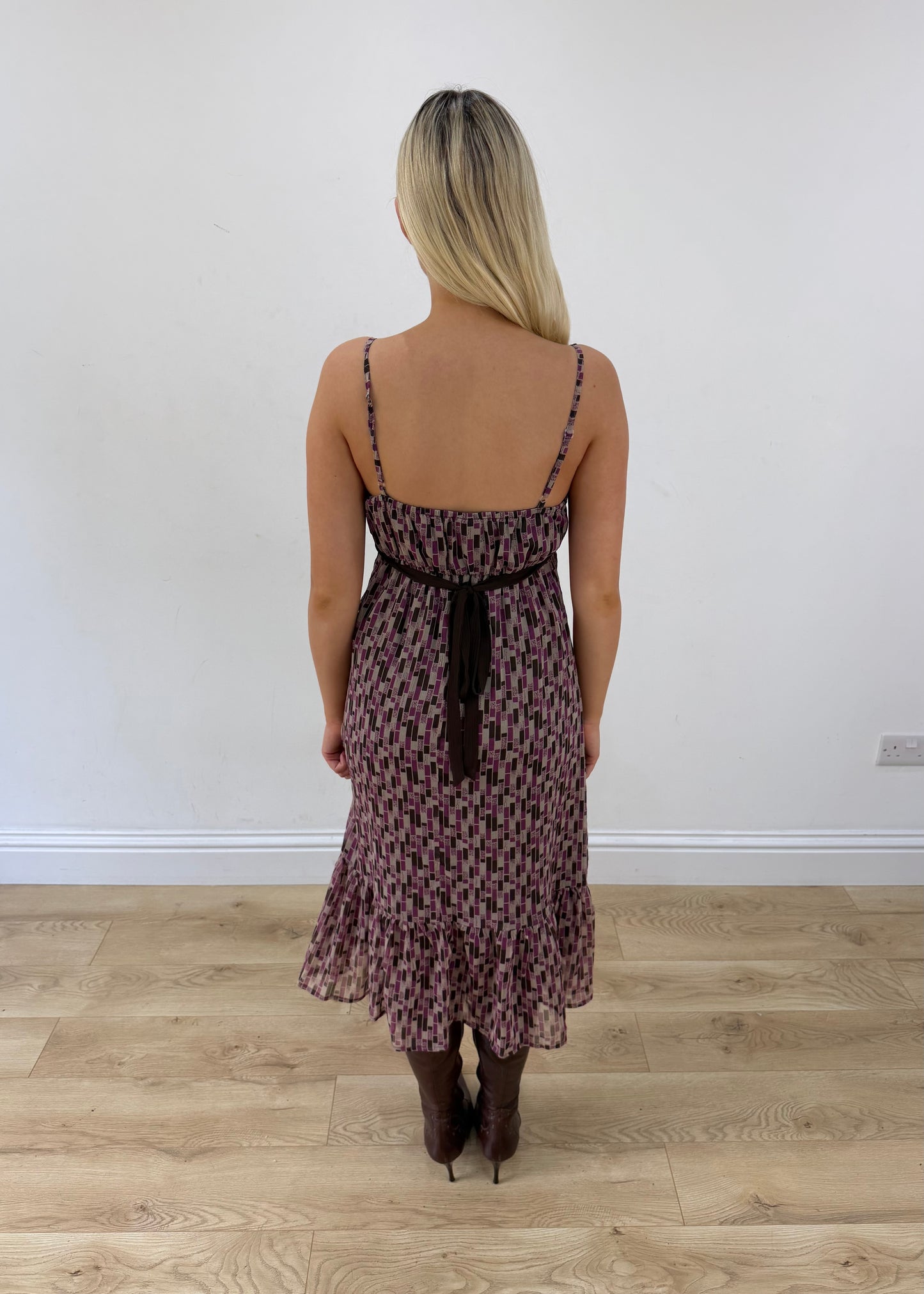 small purple and brown yessica midi dress back