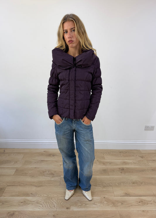 small purple puffer jacket with oversized collar