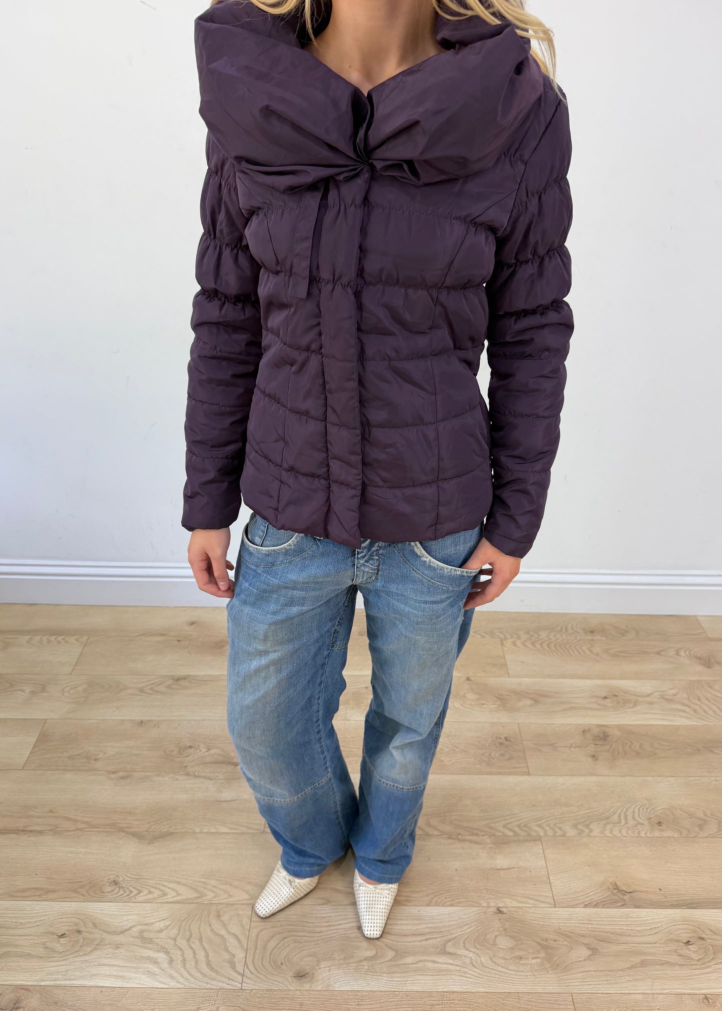 small purple puffer jacket with oversized collar