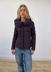 small purple puffer jacket with oversized collar