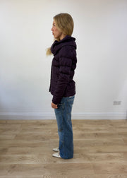 small purple puffer jacket with oversized collar