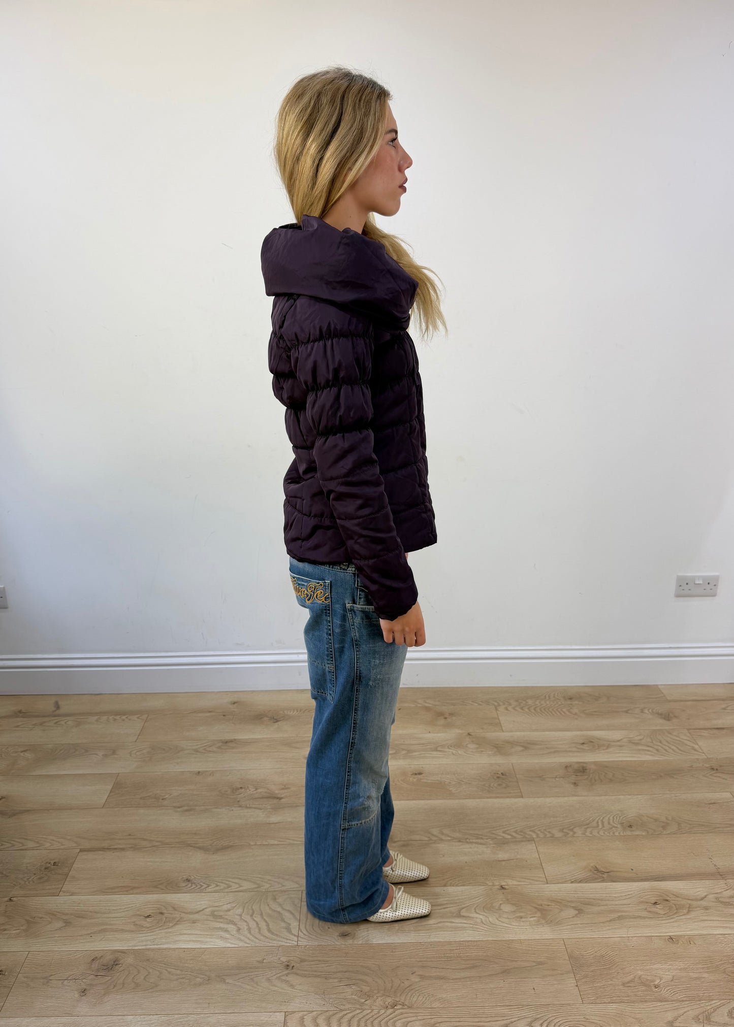 small purple puffer jacket with oversized collar