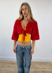 small red faux fur cropped shrug