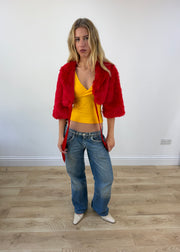 small red faux fur cropped shrug