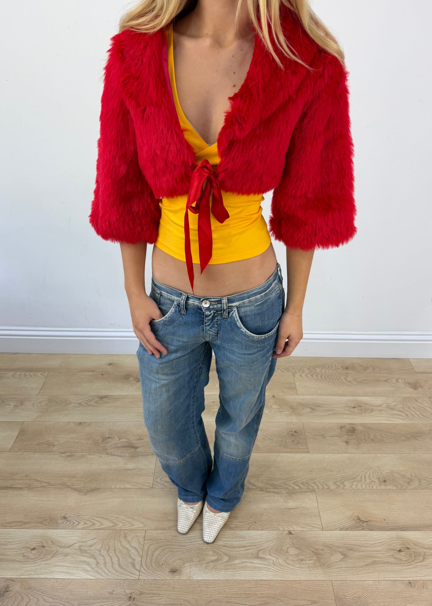 small red faux fur cropped shrug