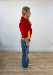 small red faux fur cropped shrug