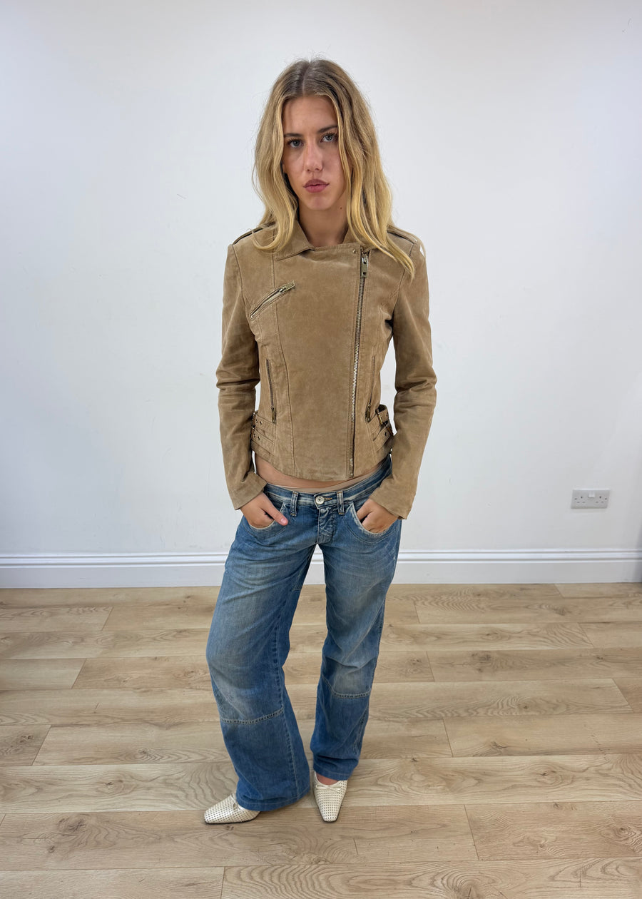 small tan mango leather asymmetric zip jacket image 1