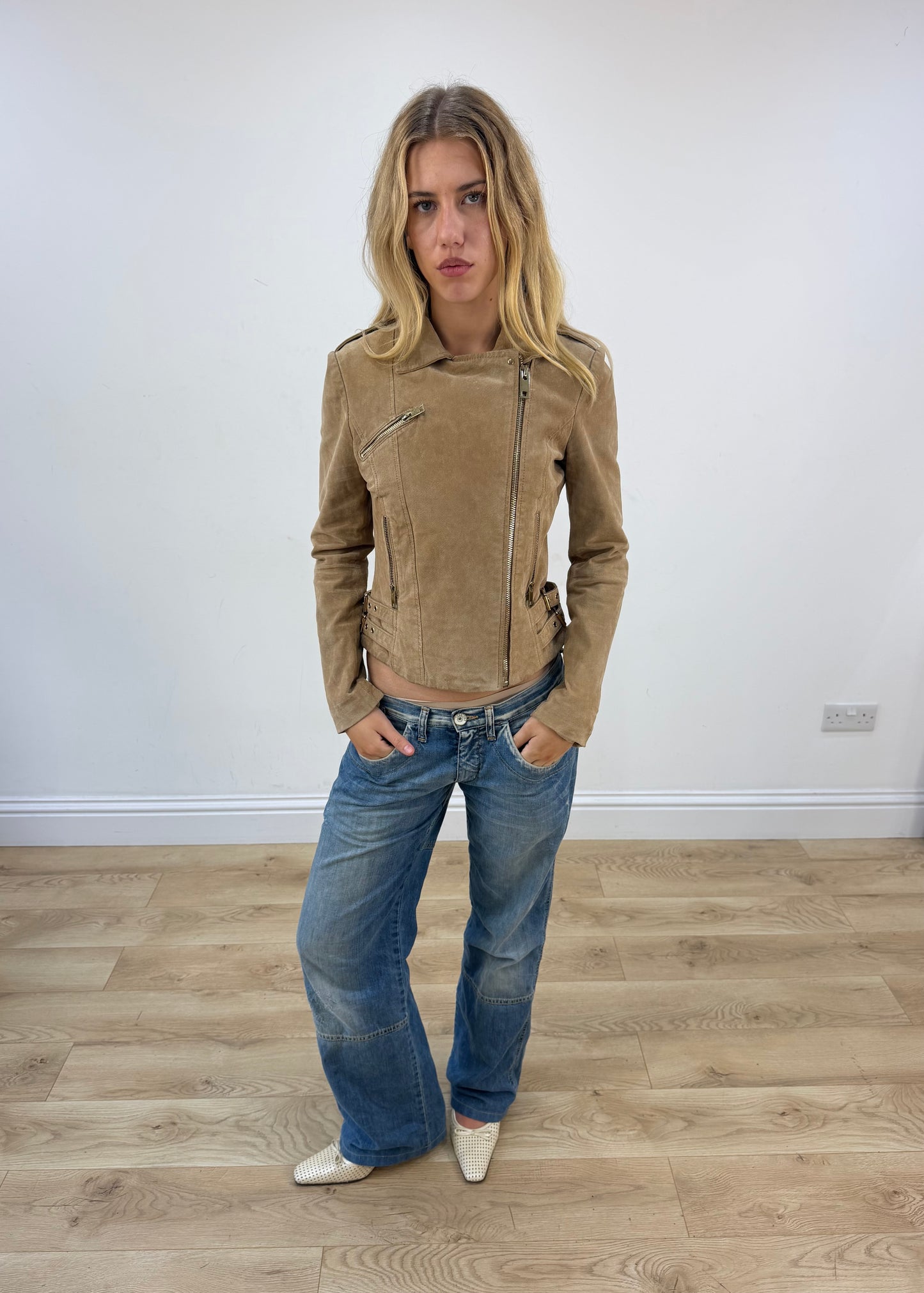 small tan mango leather asymmetric zip jacket image 1