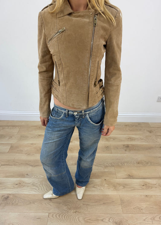 small tan mango leather asymmetric zip jacket image 2