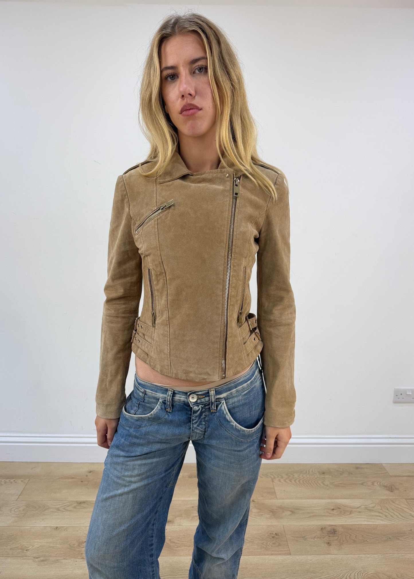 small tan mango leather asymmetric zip jacket image 3