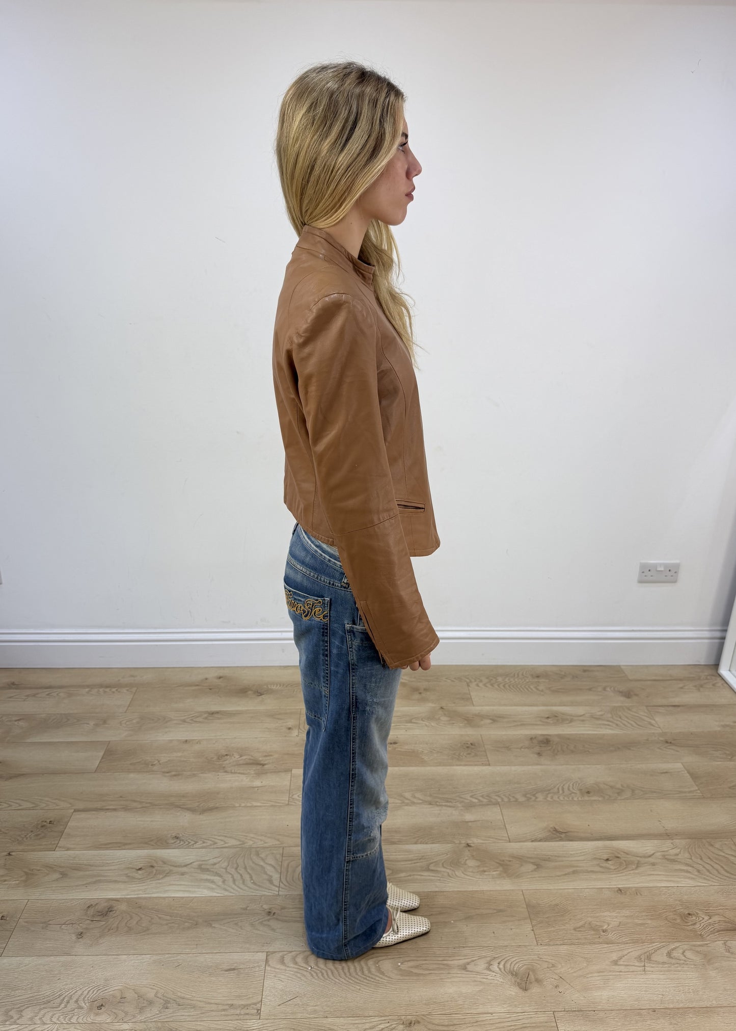 small tan vera pelle leather jacket right side