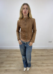 small tan zara faux leather jacket front
