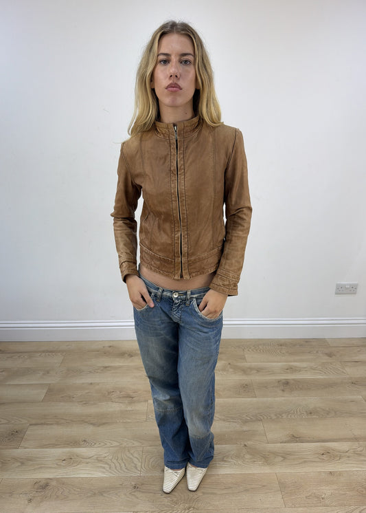 small tan zara faux leather jacket front