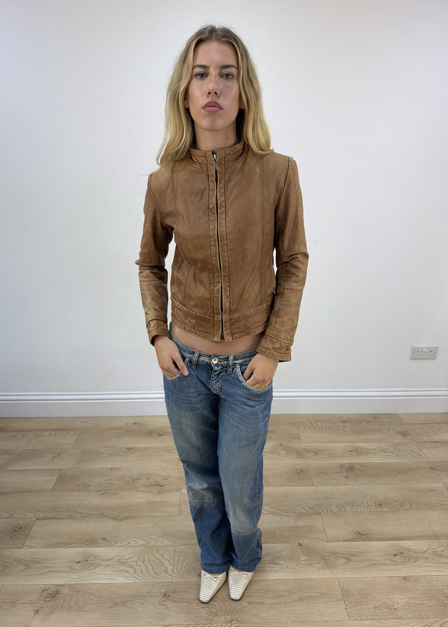 small tan zara faux leather jacket front