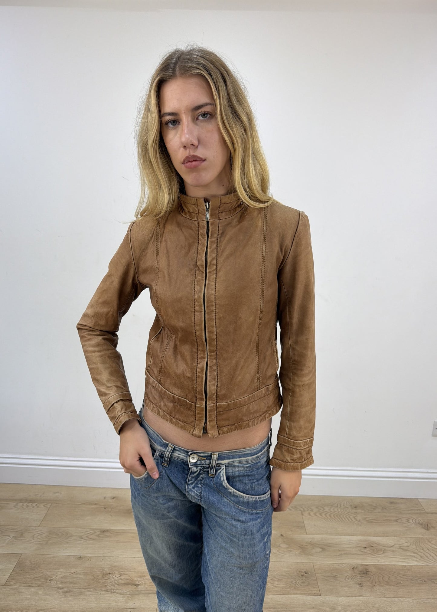 small tan zara faux leather jacket close front