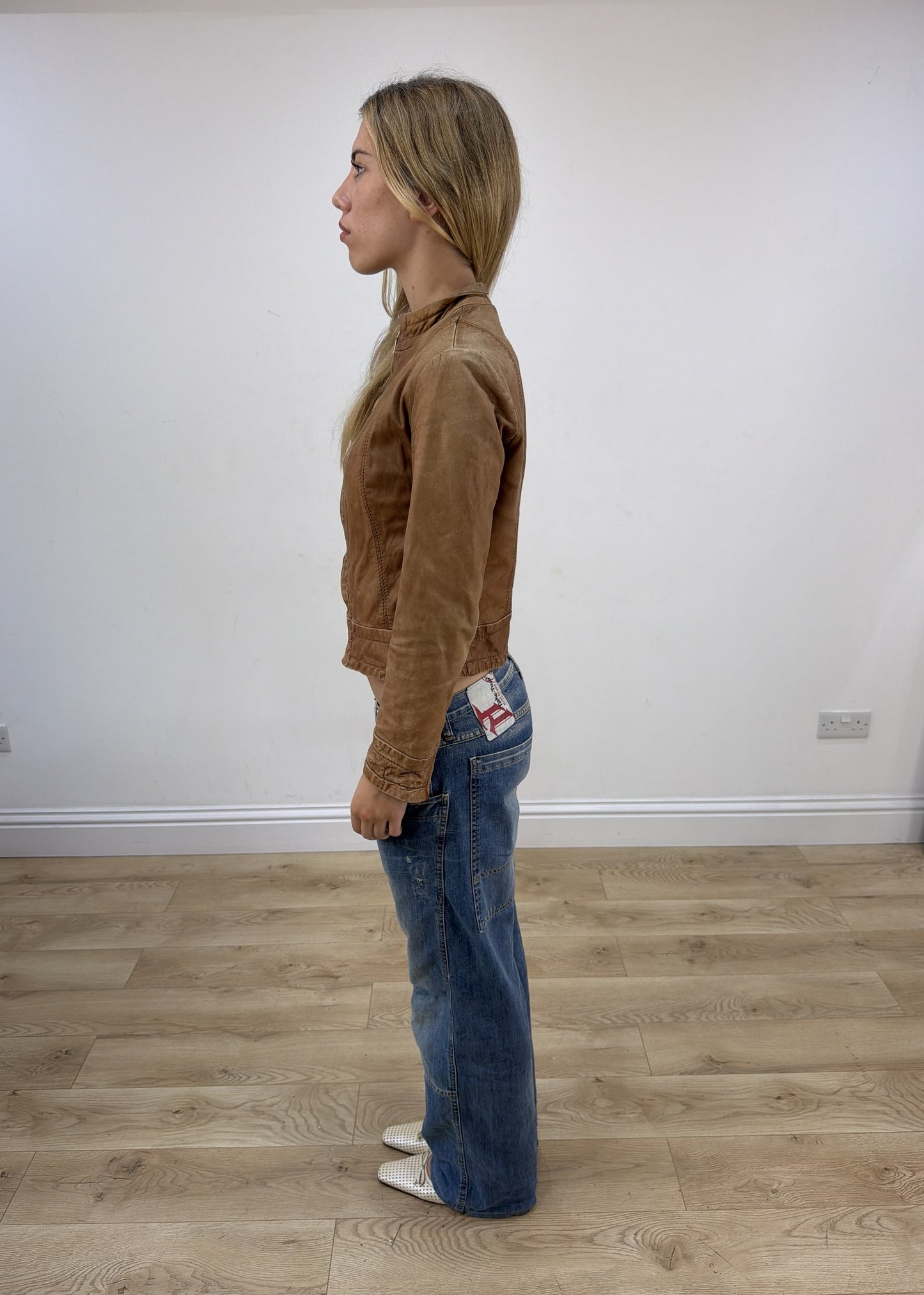 small tan zara faux leather jacket left side