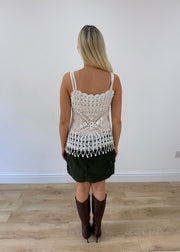 small white crochet short sleeve top back
