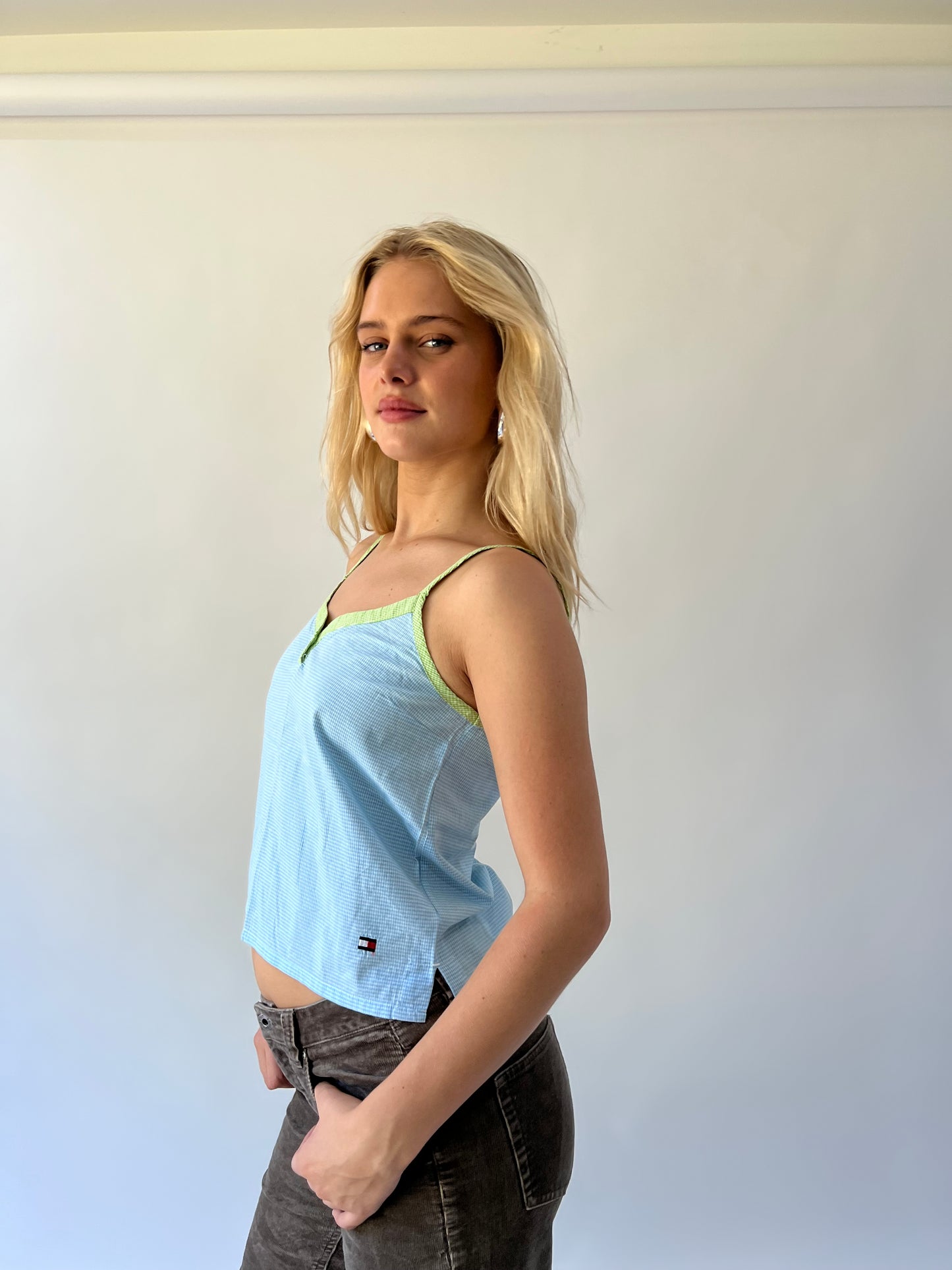 back to school drop green and white striped tommy hilfiger cami top detail