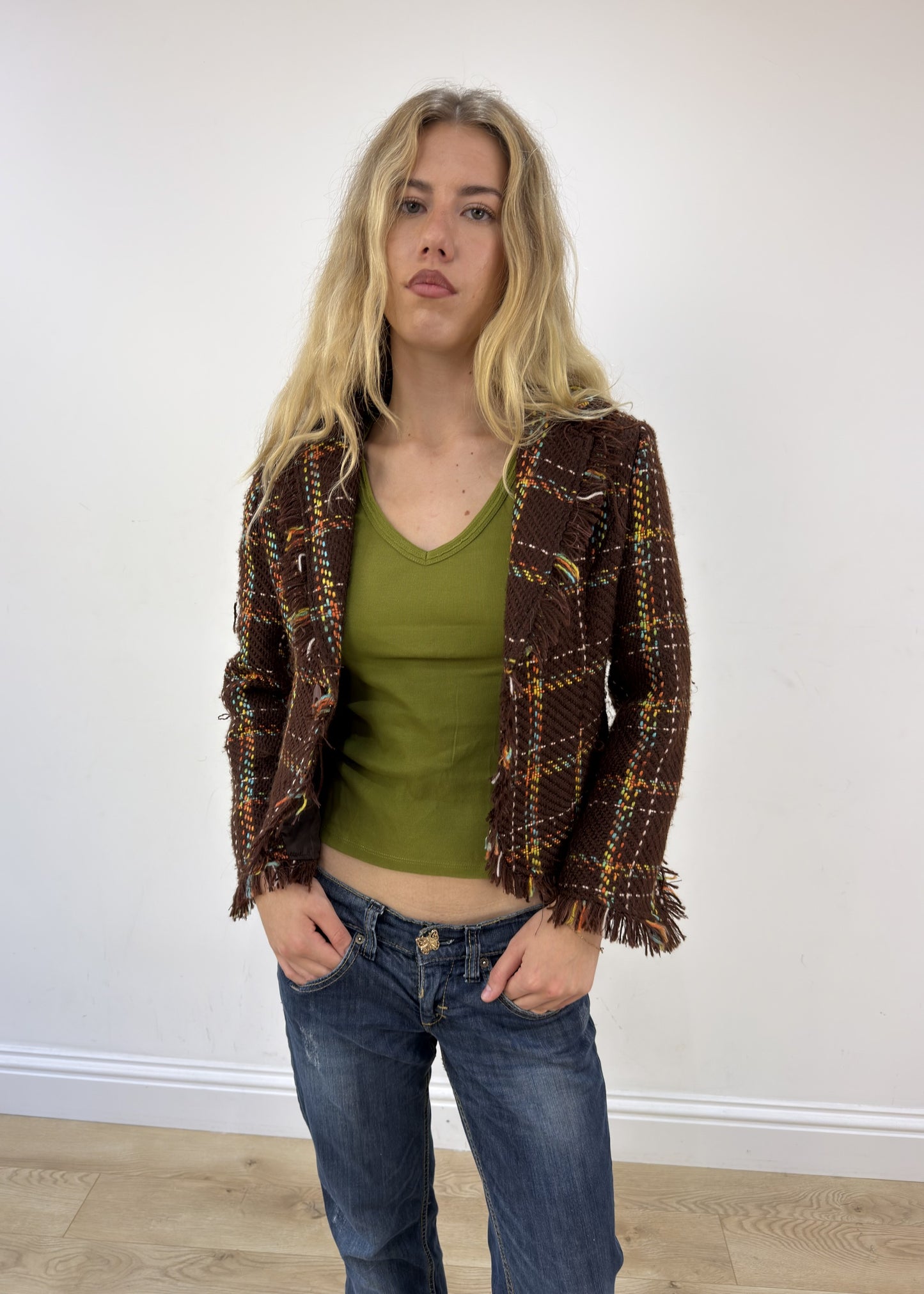 Small brown and yellow checkered tweed jacket view 3