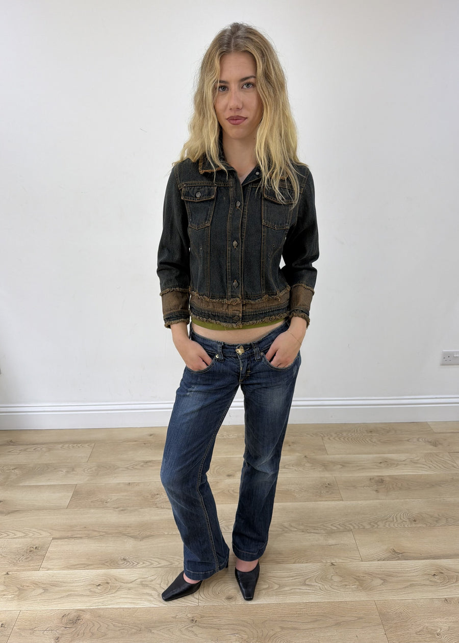 small dark blue distressed denim jacket photo 1