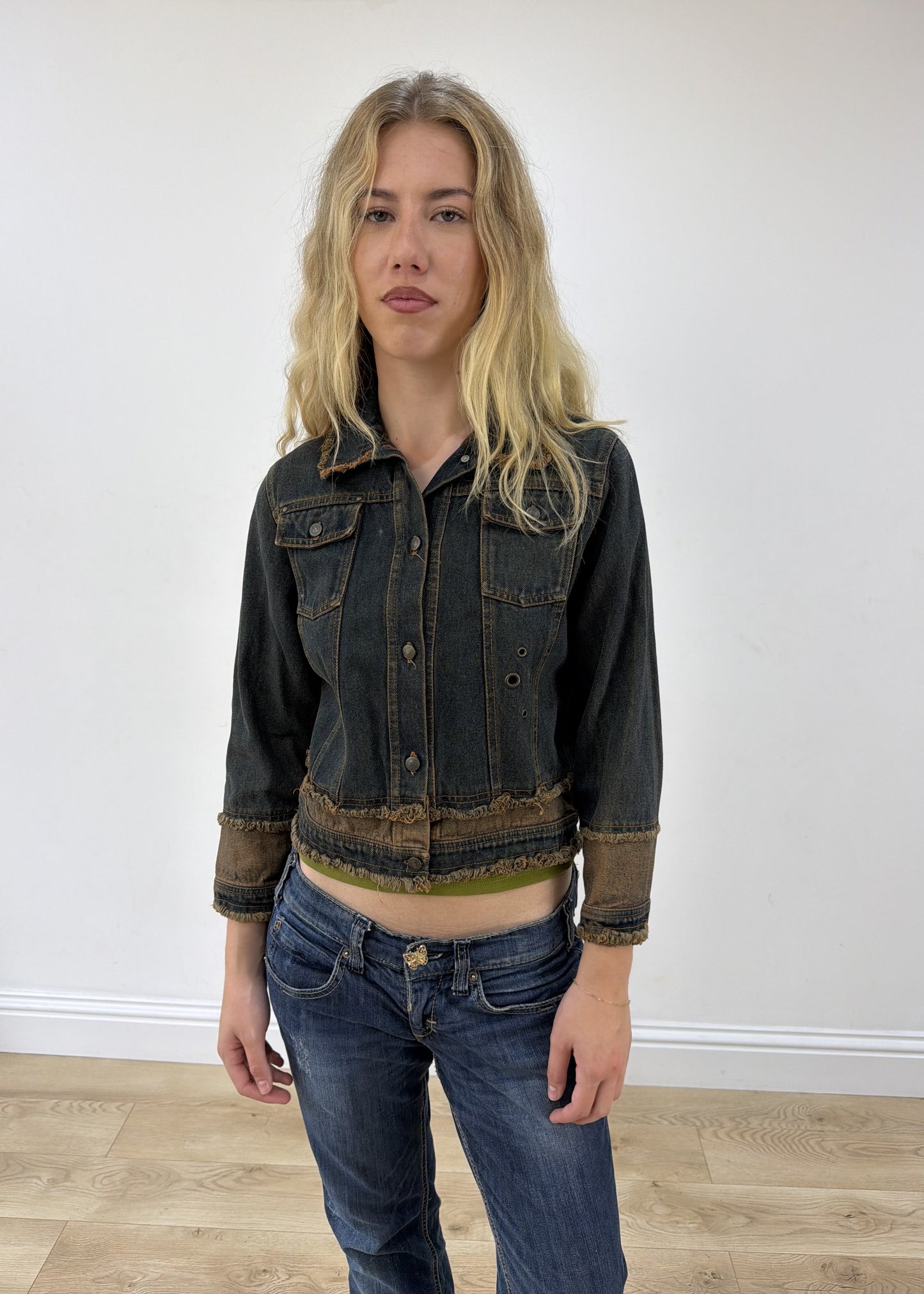 small dark blue distressed denim jacket photo 3
