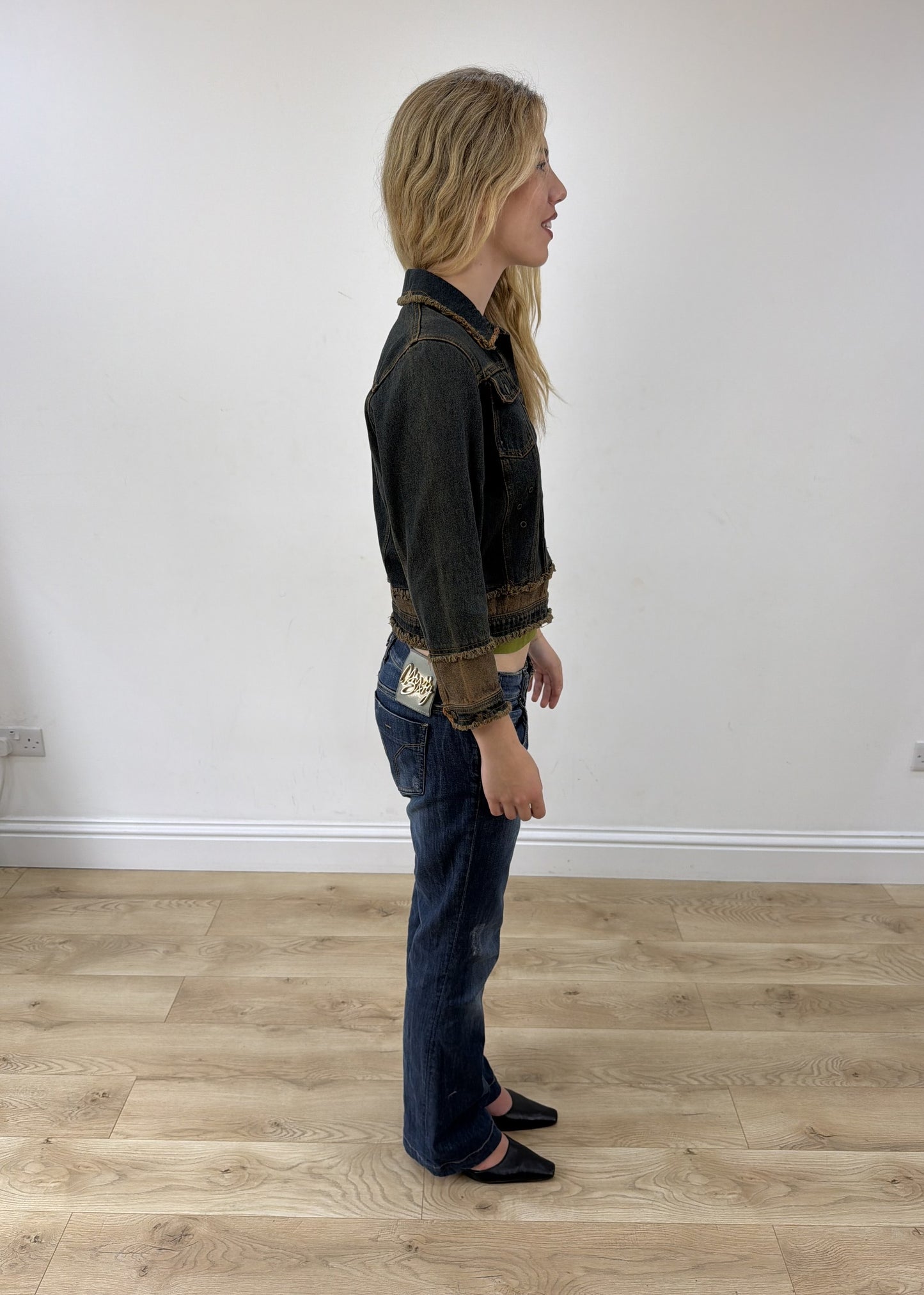 small dark blue distressed denim jacket photo 6