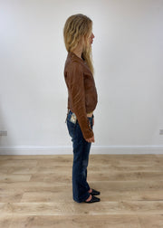 small brown faux leather fitted jacket opposite side view