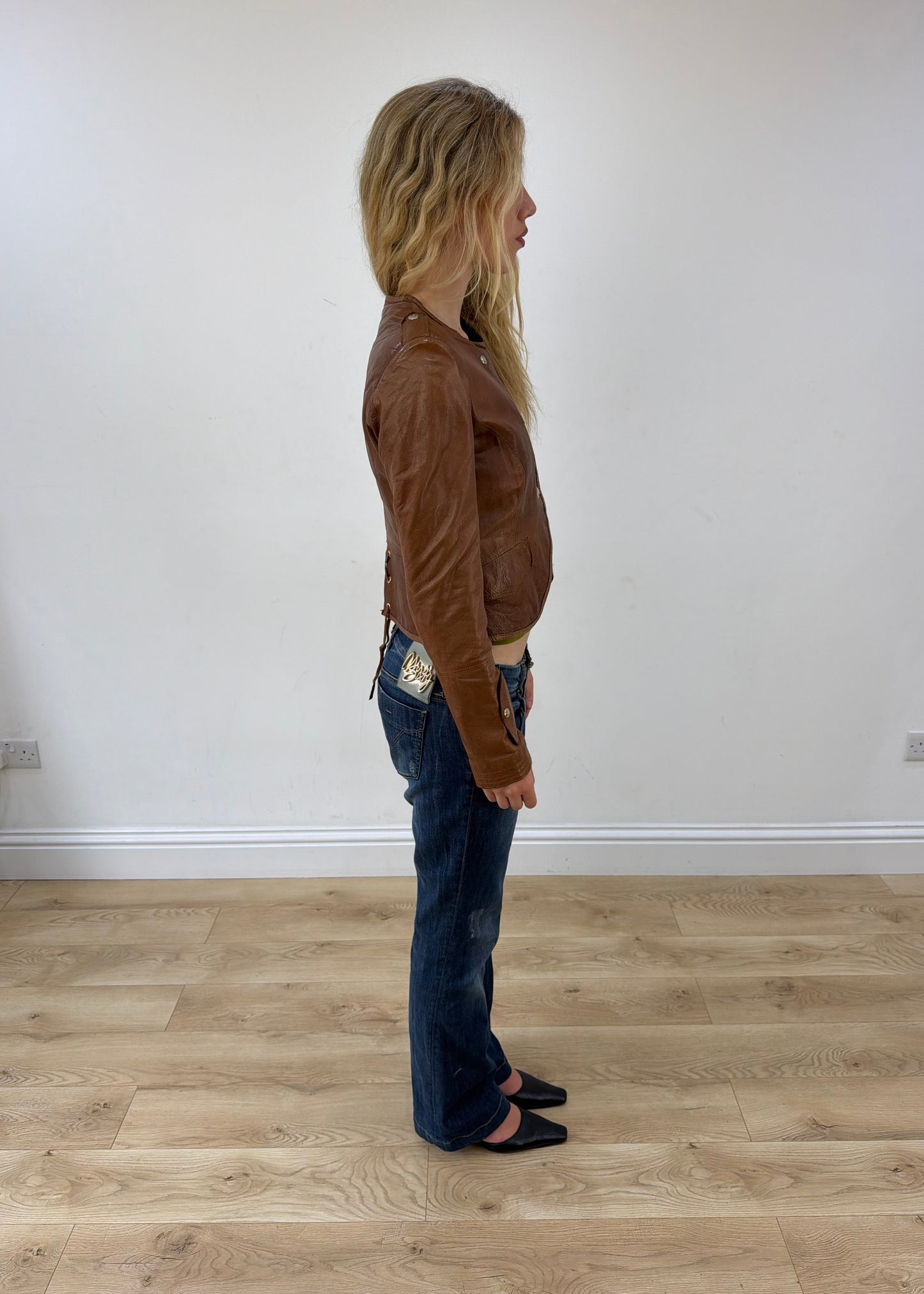 small brown faux leather fitted jacket opposite side view