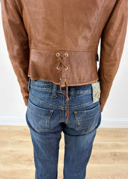 small brown faux leather fitted jacket lace-up back detail