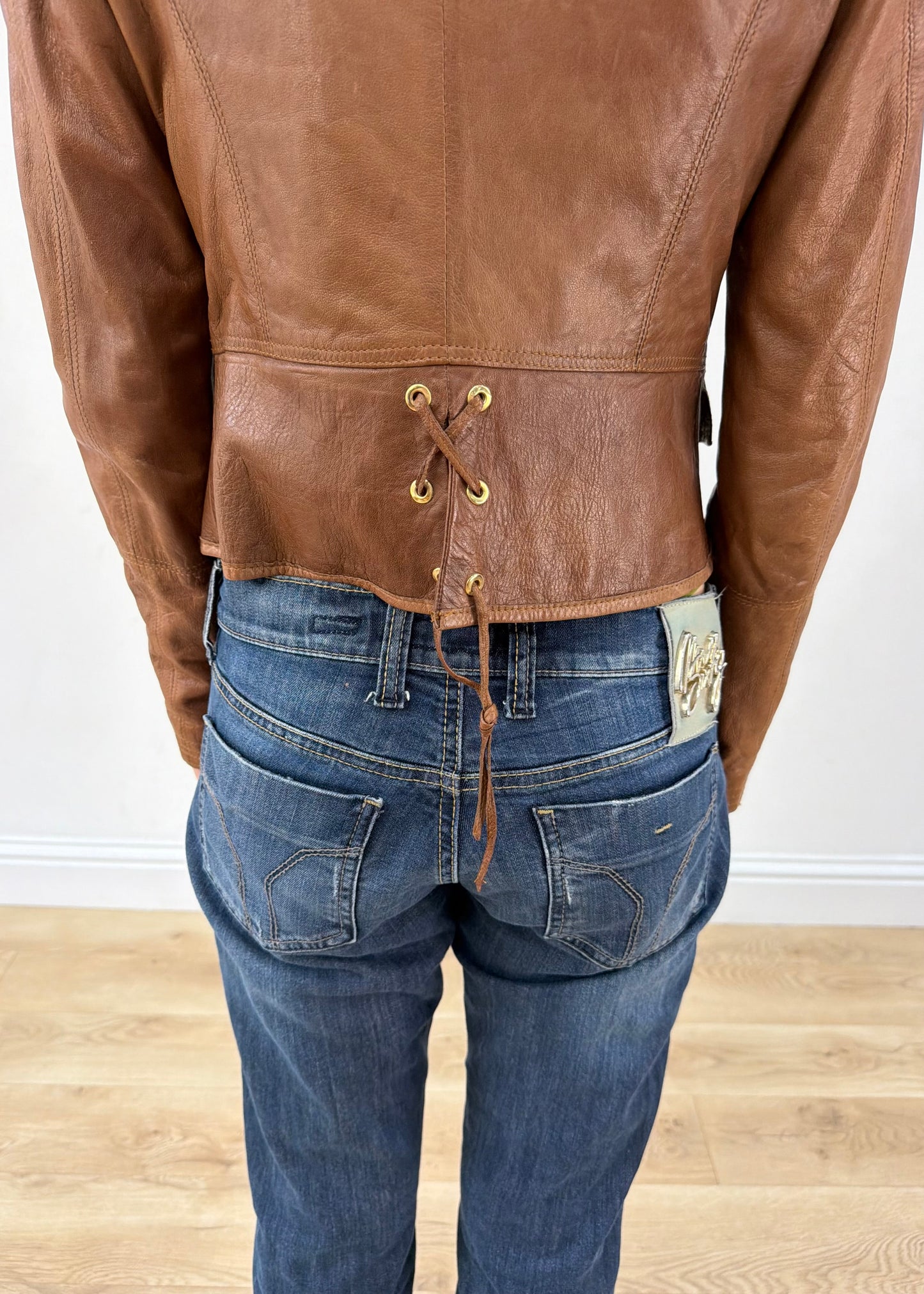 small brown faux leather fitted jacket lace-up back detail