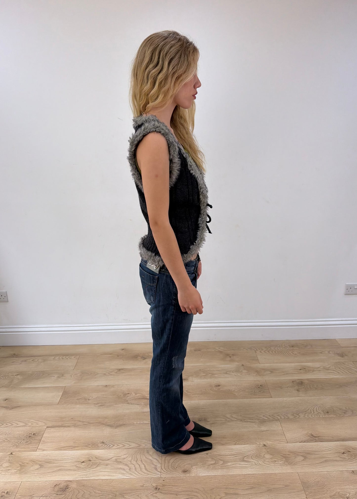 small grey knit faux fur gilet opposite side view