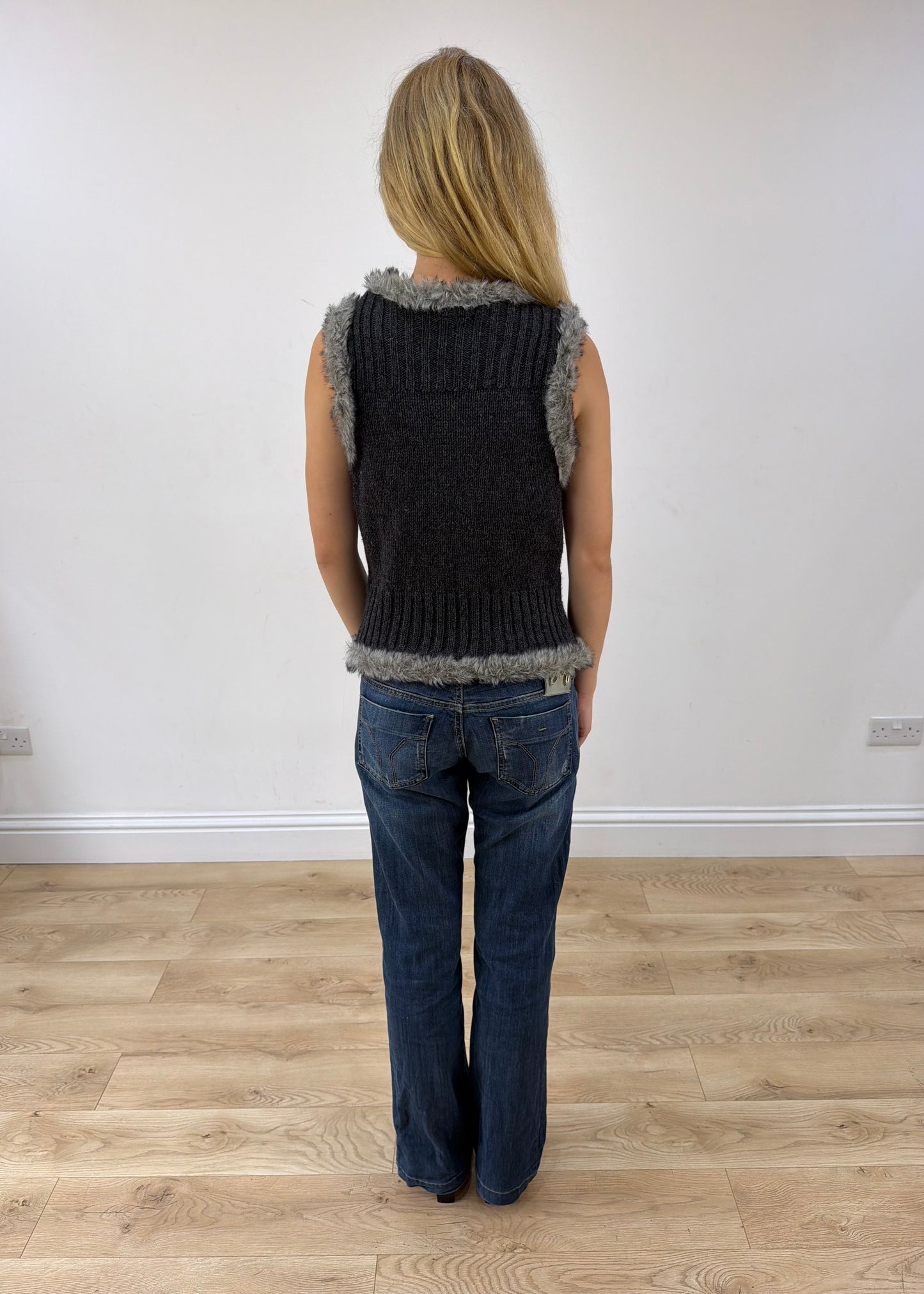 small grey knit faux fur gilet back view