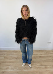 small black coocu shag fur jacket front