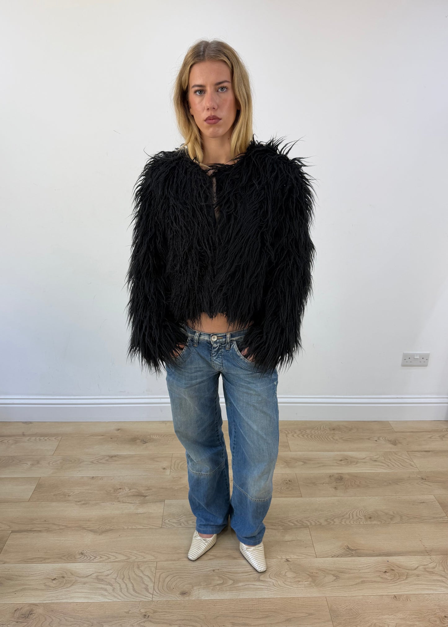 small black coocu shag fur jacket front