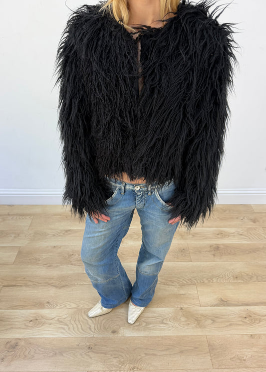 small black coocu shag fur jacket headless detail