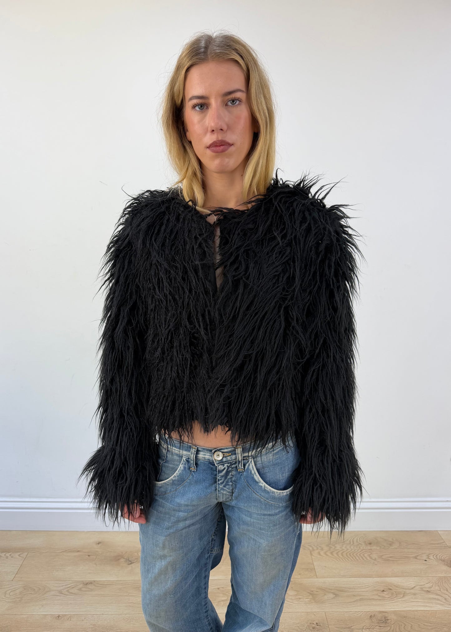 small black coocu shag fur jacket close front